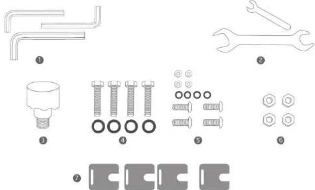 Diagram showing exploded view of mechanical parts with numbered labels and corresponding assembly views