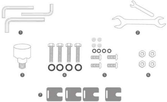 Diagram showing six types of mechanical components with numbered labels, including bolts, screws, and fasteners.