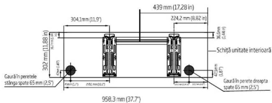 Gaură în peretele stânga spate 65 mm (2,5") 302 mm (11,88 in) 43mm (1,40°) 45mm (1,7) 250,1 mm (10,2°) 958,3 mm (37,7°) 304,1 mm (11,9°) 439 mm (17,28 in) 224,2 mm (8,82 in) 36,6 mm (1,44 in) Schiță unitate interioară 47,5 mm (1,87°) Gaură în perete dreapta spate 65 mm (2,5°)