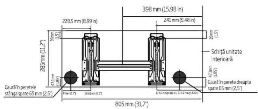 398 mm (15,98 in) 241 mm (9,48 in) 39mm (1,5°) 228,5 mm (8,99 in) 285mm (11,2°) 36mm (1,5°) 47,1mm (1,85°) Gaură în peretele stânga spate 65 mm (2,5°) 46mm (1,2°) 103,6 mm (7,2°) 129,6 mm (4,06 in) 117,5 mm (6,62 in) 805 mm (31,7°) Schiță unitate interioară 47,1mm (1,85°) Gaură în perete dreapta spate 65 mm (2,5°)