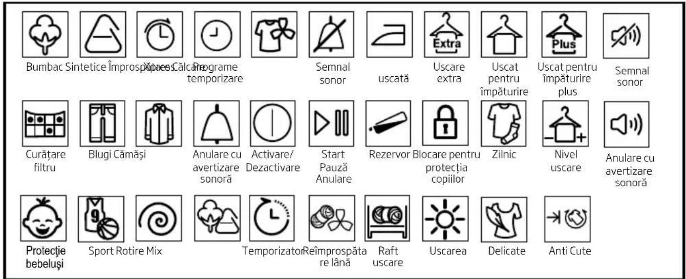 Bumbac Sintetice împrospățare Xăpăeș Călcață Programe temporizare Semnal sonor uscată Uscare extra Uscat pentru împăturire Uscat pentru împăturire plus Semnal sonor Curățare filtru Blugi Cămăși Anulare cu avertizare sonoră Activare/Dezactivare Start Pauză Anulare Rezervor Blocare pentru protecția copiilor Zilnic Nivel uscare Anulare cu avertizare sonoră Protectie bebeluși Sport Rotire Mix Temporizator Reîmprospățare lână Raft uscare Uscarea Delicate Anti Cute