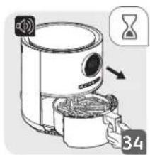 Diagram showing a kitchen appliance with a hand gesture and page number 34, likely illustrating a cooking or processing step.