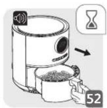 Diagram showing a cooking process with a speaker, air fryer, and hand holding a pot, labeled with number 52.
