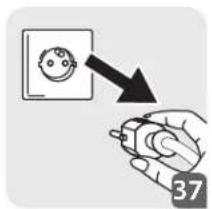 Diagram showing a hand holding a device with a magnified view of an electrical socket, labeled with number 37.