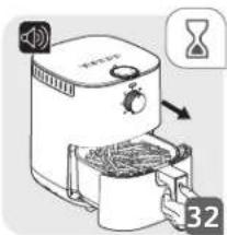 Diagram showing air fryer processing steps with speaker, hourglass icon, and label 32