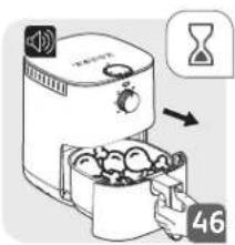 Illustration of a kitchen appliance with a hand gesture indicating time and quantity, showing a speaker icon and hourglass symbol.