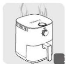 Line drawing of a toaster air fryer with steam rising (no text or symbols)