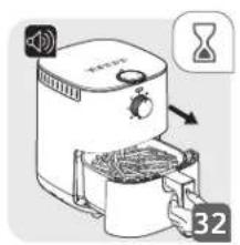 Diagram of a food air fryer with speaker, time-sensitive icon, and label '32' indicating step 32