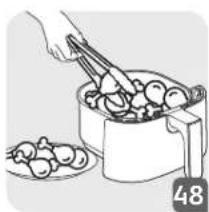 Illustration of a hand using a tool to fill food into a pot (no text or symbols)