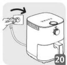 Illustration of a kitchen air fryer with a hand inserting a plug into it (no text or symbols)
