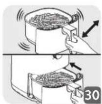 Illustration of a cooking process showing a pan being heated with a tool, no text or symbols present