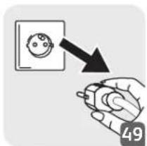 Diagram showing a hand holding a plug with a face icon and an arrow pointing to it, with the number 49 displayed below.