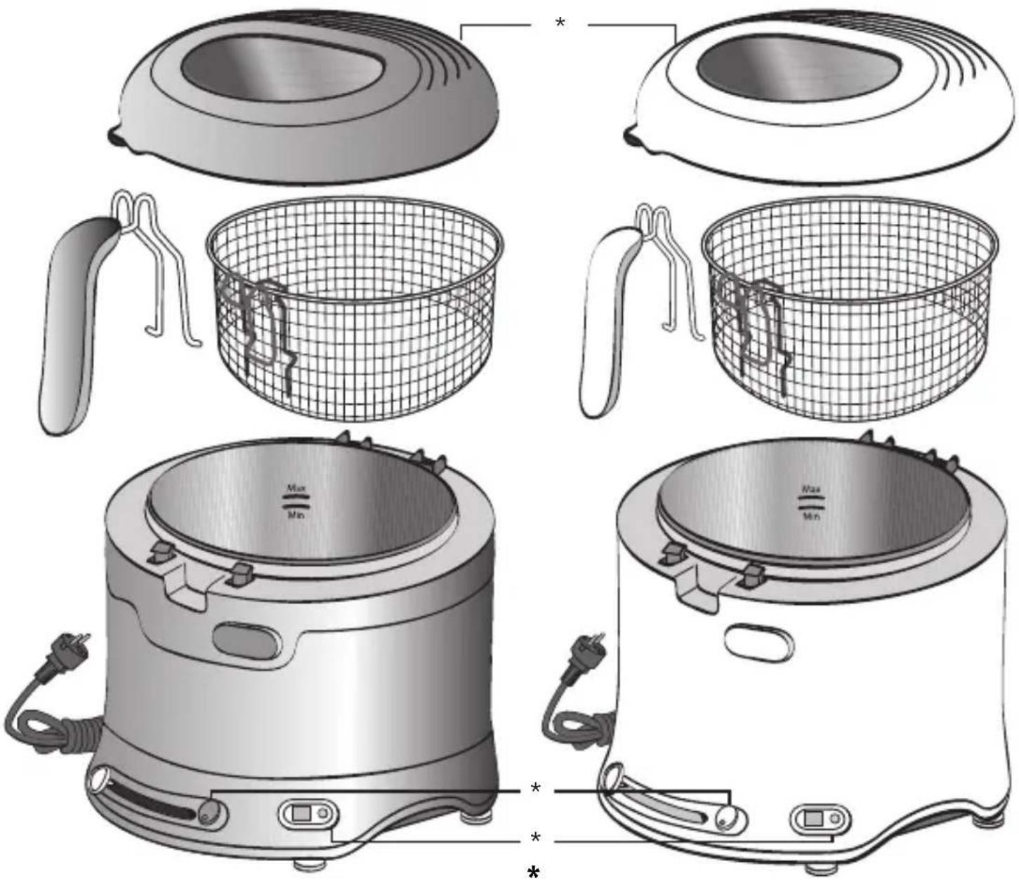 Technical diagram showing exploded views of a kitchen appliance with labeled components and wireframe views
