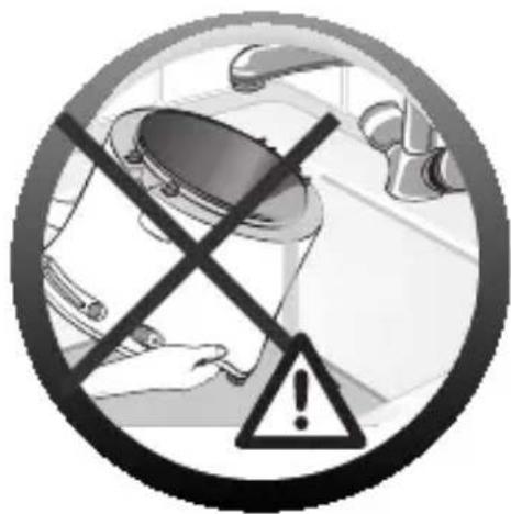 Warning sign with crossed-out hand and exclamation mark, indicating no liability or caution against a device or appliance.