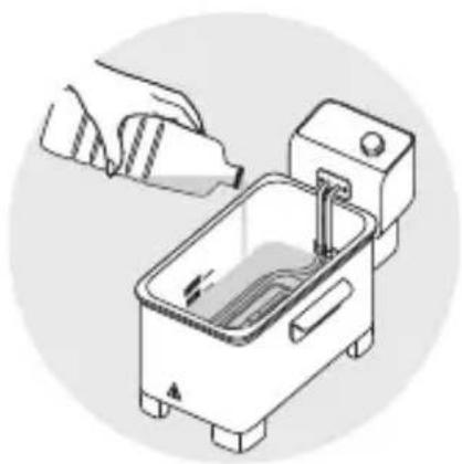 Illustration of a hand pouring liquid into a rectangular tank with a side arm, no text or symbols present