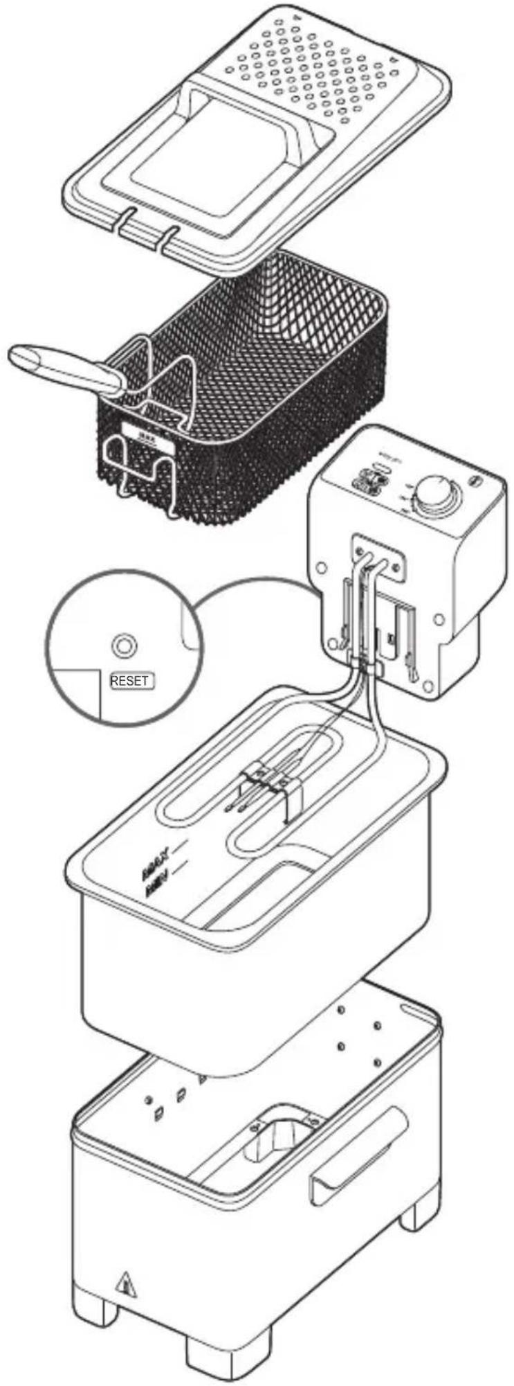 Technical diagram of a cleaner oven with labeled components including grating, filter, and reset button