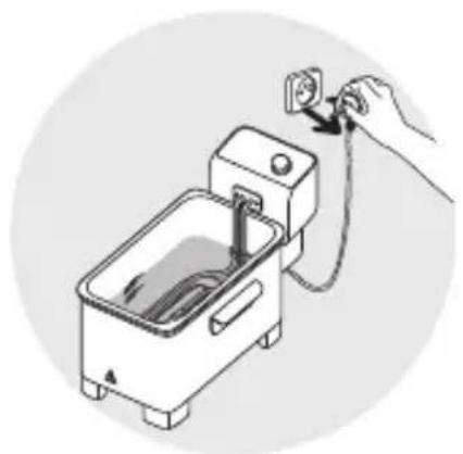 Illustration of a hand inserting a plug into a small kitchen appliance (no text or symbols)