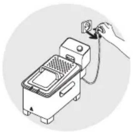 Illustration of a hand inserting a plug into a kitchen appliance (no text or symbols)