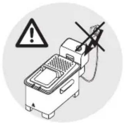 Illustration of a kitchen appliance with warning symbol (no text or labels)