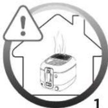 Warning symbol of a toaster inside a house outline, with no text or symbols present.