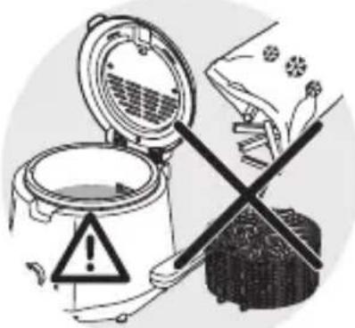 Warning symbol illustration showing a trash bin with warning sign and crossed-out tools, indicating hazardous material or environmental hazard.