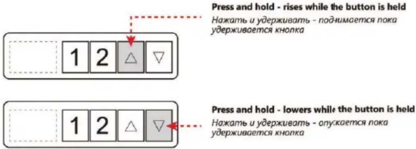 Press and hold - rises while the button is held Нажать и удерживать - поднимается пока удерживается кнопка Press and hold - lowers while the button is held Нажать и удерживать - опускается пока удерживается кнопка