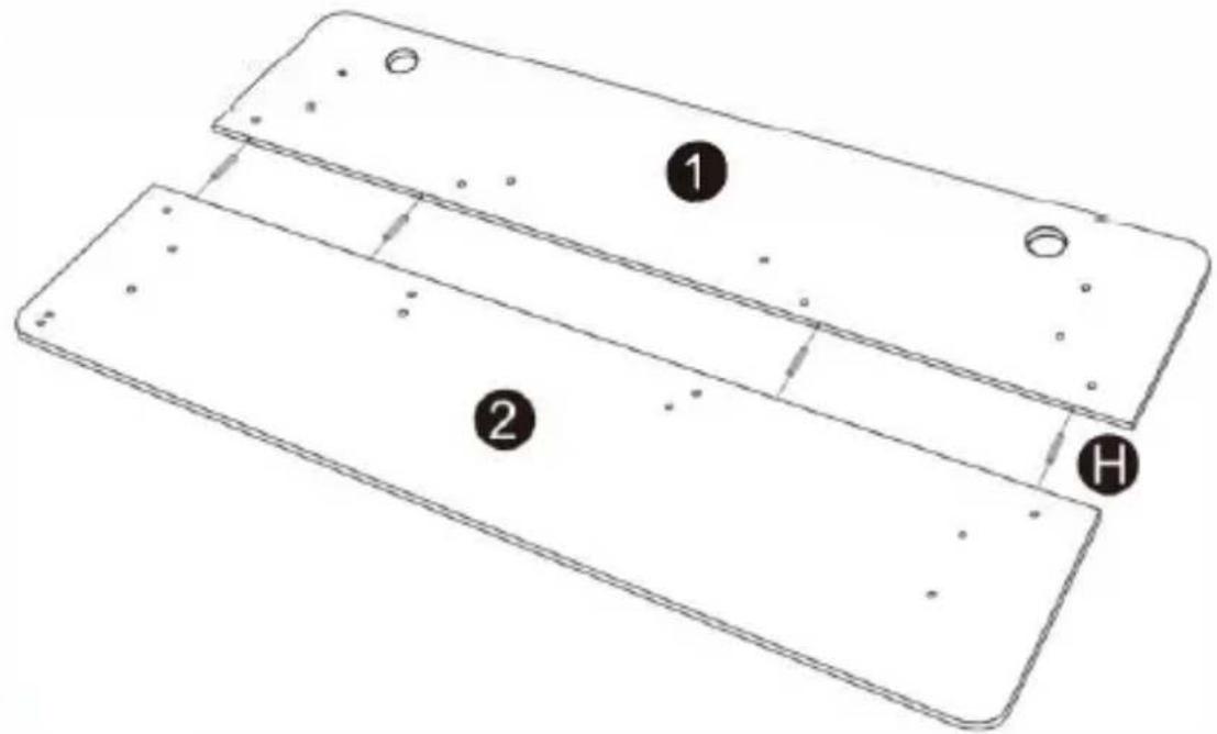 Technical diagram of a mechanical part with labeled parts 1, 2, and H