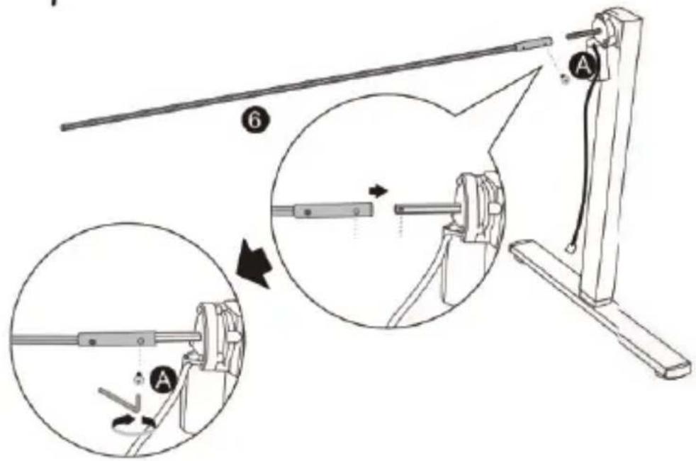 Technical diagram illustrating mechanical assembly steps with labeled components A and 6, showing motion directions and component placement.