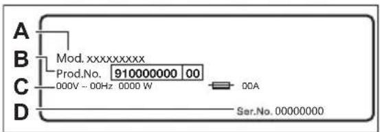 A B Mod. xxxxxxxxxxx Prod.No. 910000000 00 C 000V - 00Hz 0000 W 00A D Ser.No. 00000000