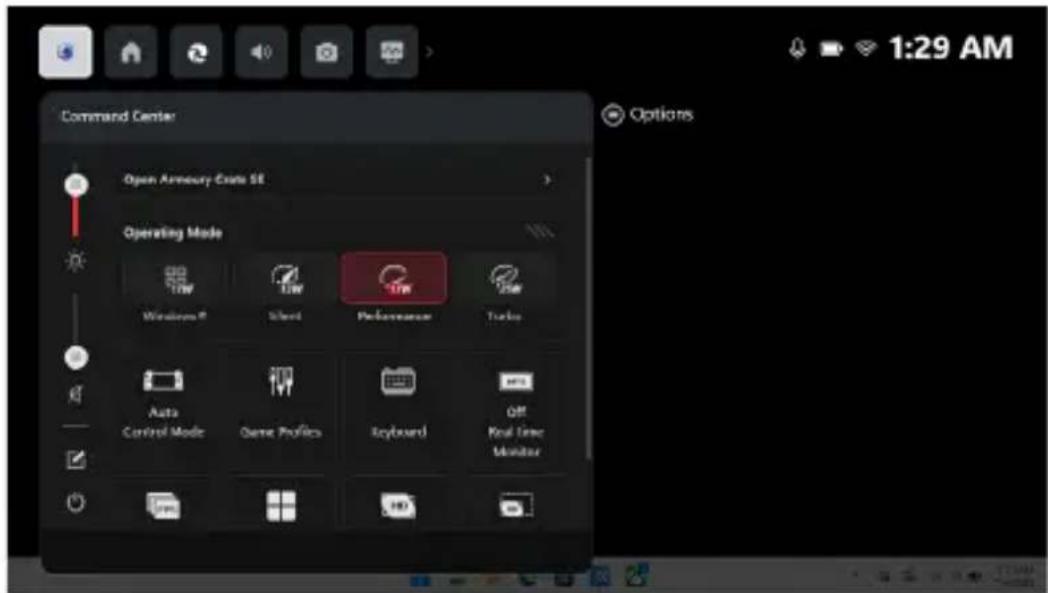Command Center Open Armour Gate SE Operating Mode 12W 13W 14W Performance Turbo Windows 9 Start turbines Auto Control Mode Game Profits Keyboard Off Real Time Monitor 1:29 AM
