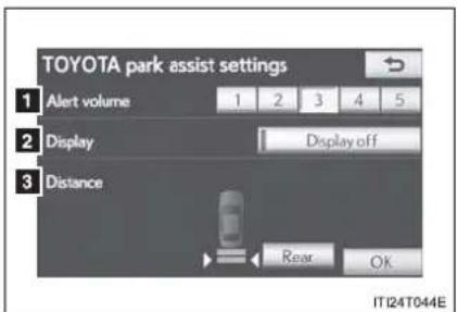 TOYOTA park assist settings 1 Alert volume 1 2 3 4 5 2 Display Display off 3 Distance Rear OK IT124T044E