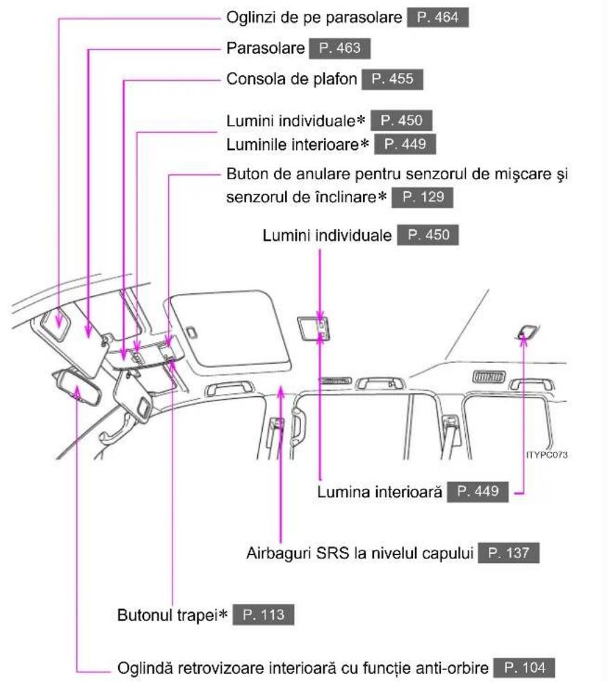 Oglinzi de pe parasolare P. 464 Parasolare P. 463 Consola de plafon P. 455 Lumini individuale* P. 450 Luminile interioare* P. 449 Buton de anulare pentru senzorul de mișcare și senzorul de înclinare* P. 129 Lumini individuale P. 450 Lumina interioară P. 449 Airbaguri SRS la nivelul capului P. 137 Butonul trapei* P. 113 Oglindă retrovizoare interioară cu funcție anti-orbire P. 104