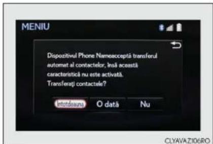 DISPOZITIVUL PHONE NAMEACCEPTĂ TRANSFERUL AUTOMAT AL CONTACTELOR, ÎNĂ această CARACTERISTICĂ NU ESTE ACTIVATĂ. TRANSFERĂȚI CONTACTELE? Intoteauna O dată Nu CLYAVAZI06RO