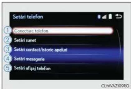 Setāri telefon ① Conectare telefon ② Setāri sunet ③ Setāri contact/istoric apeluri ④ Setāri mesagerie ⑤ Setāri afiṣaj telefon