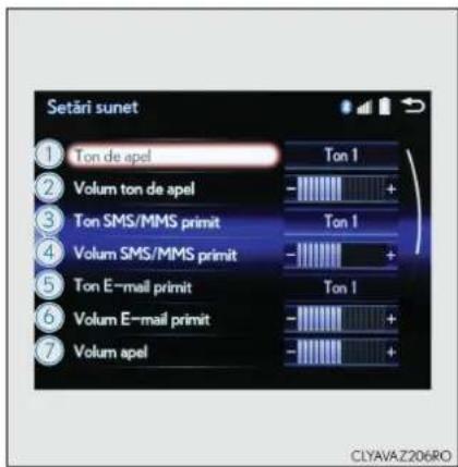 Setări sunet ① Ton de apel ② Volum ton de apel ③ Ton SMS/MMS primit ④ Volum SMS/MMS primit ⑤ Ton E-mail primit ⑥ Volum E-mail primit ⑦ Volum apel Ton 1 Ton 1 Ton 1 +