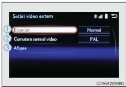 Setări video extern ① Ecran lat Normal ② Comutare semnal video PAL ③ Afiqare CLYAVA Z093RO