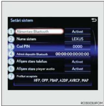 Setāri sistem ① Alimentare Bluetooth Activat ② Nune sistem LEXUS ③ Cod PIN 0000 ④ Adresi dispositiv Bluetooth 00:00:00:00:00:00 ⑤ Afigare stare telefon Activat ⑥ Afigare stare player audio Activat ⑦ Profikul acceptate HFP, OPP, PBAP, AZDP, AVRCP, MAP RO3003LIFOM