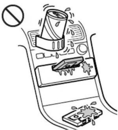 Diagram showing a car interior with a coffee cup, a drop, and a money bag, accompanied by a prohibition symbol.