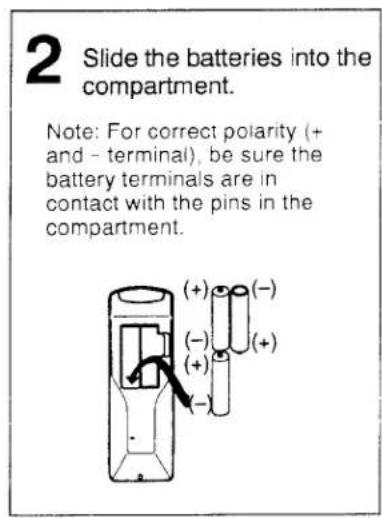 2 Slide the batteries into the compartment. Note: For correct polarity (+ and - terminal), be sure the battery terminals are in contact with the pins in the compartment.