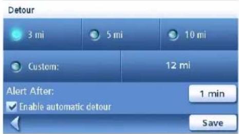 Detour 3 mi 5 mi 10 mi Custom: 12 mi Alert After: Enable automatic detour 1 min Save