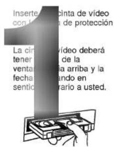 Inserte cinta de vídeo con la protección de protección La cinta de la tener de la venta arriba y la fecha en sentido en rario a usted.