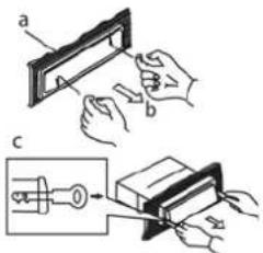 Diagram illustrating a mechanical assembly or disassembly process with labeled parts and a magnified view showing tool insertion.