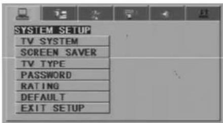 SYSTEM SETUP TV SYSTEM SCREEN SAVER TV TYPE PASSWORD RATING DEFAULT EXIT SETUP