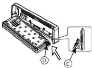 Technical diagram showing a device with labeled parts D, C, and an inset view of a component