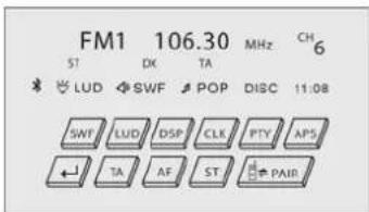 FM1 106.30 MHz CH ST DX TA 6 LUD SWF POP DISC 11:08 SWF LUD DSP CLK PTY AP5 TA AF ST PAIR