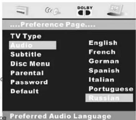 DOLBY ....Preference Page.... TV Type Audio English Subtitle French Disc Menu German Parental Spanish Password Italian Default Portuguese Russian Preferred Audio Language