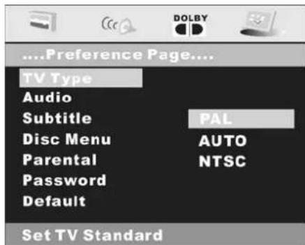 ....Preference Page.... TV Type Audio Subtitle PAL Disc Menu AUTO Parental NTSC Password Default Set TV Standard