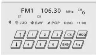 FM1 106.30 MHz CH ST DX 6 LUD SWF POP DISC 11:08 ↑ 1 2 3 (X) MOD ↓ 4 5 6 BNT L