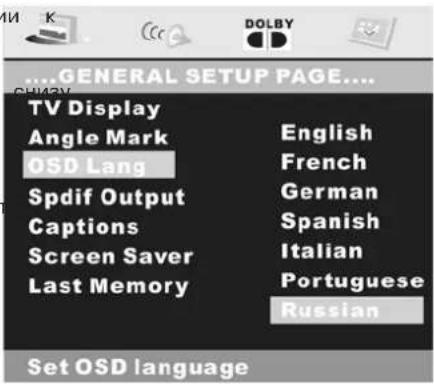 GENERAL SETUP PAGE.... TV Display Angle Mark OSD Lang Spdif Output Captions Screen Saver Last Memory English French German Spanish Italian Portuguese Russian Set OSD language