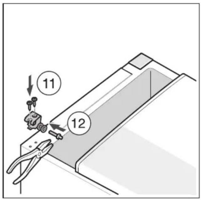 Diagram showing a sewing machine with labeled parts 11 and 12, indicating mechanical assembly or repair steps.